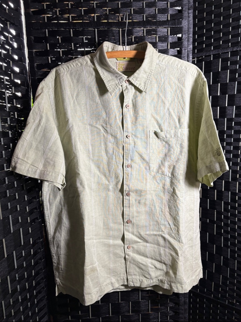 Cubavera Pale Green Linen/Cotton Short-Sleeve Fun Vacation Button-Down Shirt L